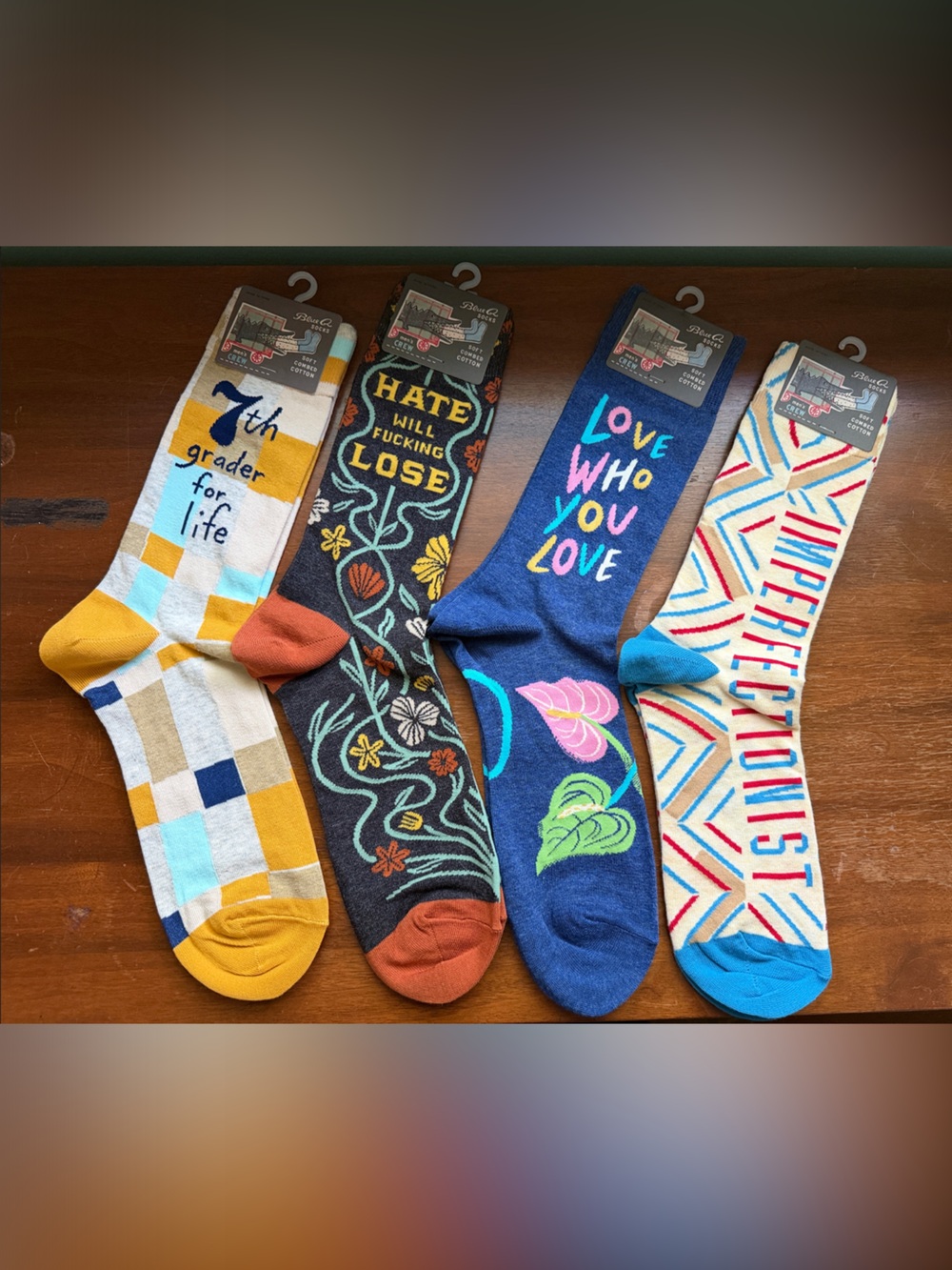 Blue Q Men's Patterned Crew Socks - Blue, Yellow, Orange, Brown, Cream